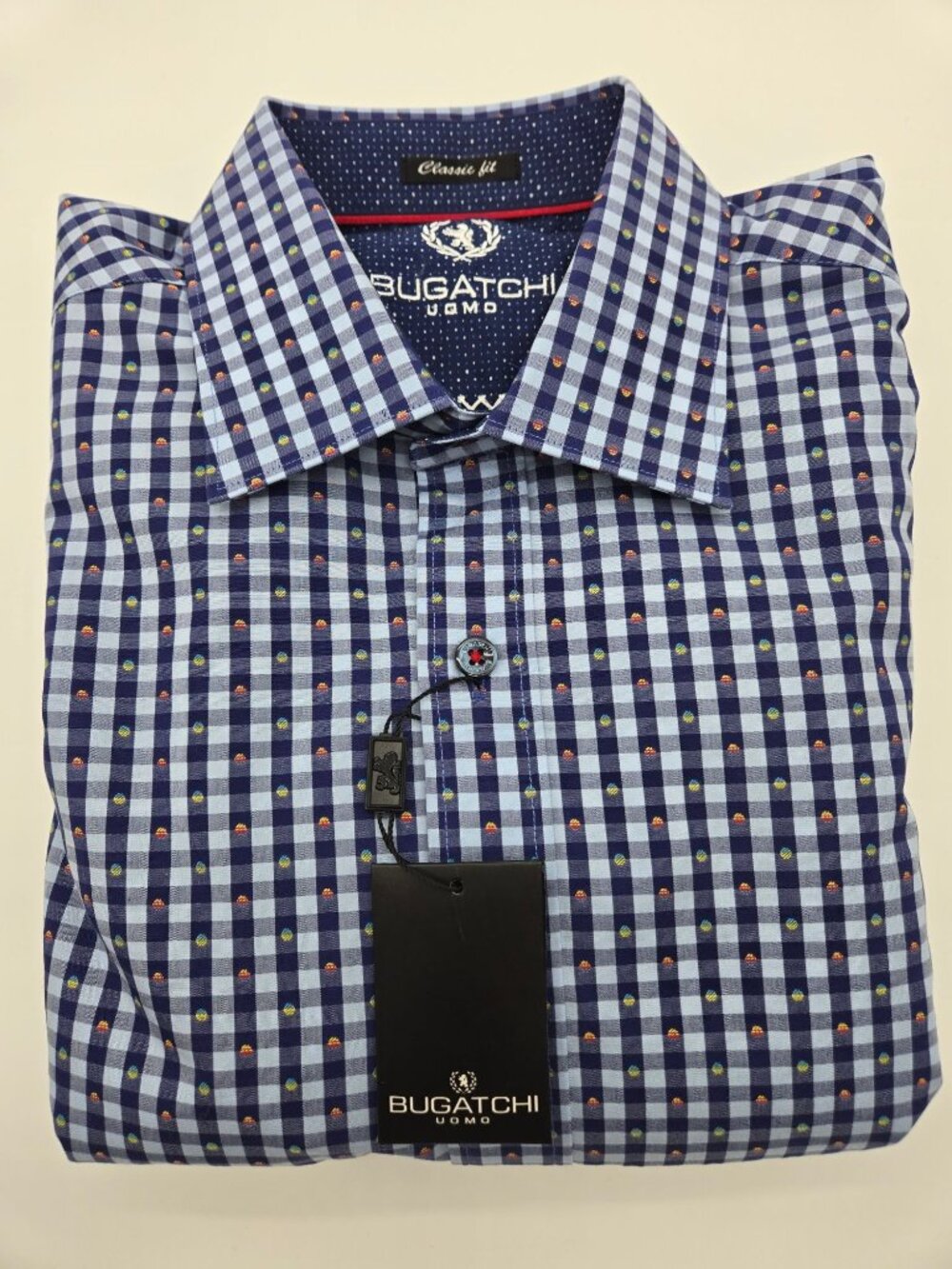 Bugatchi Uomo Mens Medium Button Down Shirt Blue Check Plaid Long Sleeve Classic